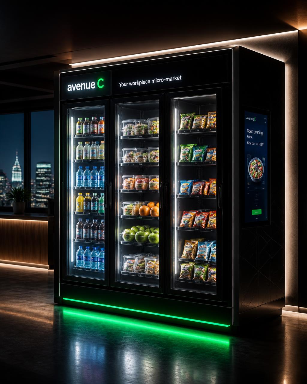 Illuminated smart market refrigerator stocked with drinks, snacks and fresh food in a modern Rochester office breakroom